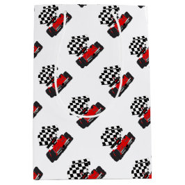 Roodkoningsauto met gecheckte vlag medium cadeauzakje