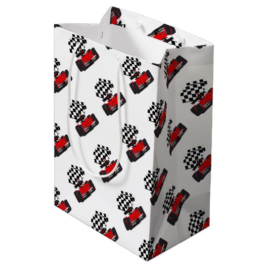 Roodkoningsauto met gecheckte vlag medium cadeauzakje (Achterkant Gekanteld)