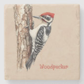Roodkop-specht vogel stenen onderzetter (Voorkant)