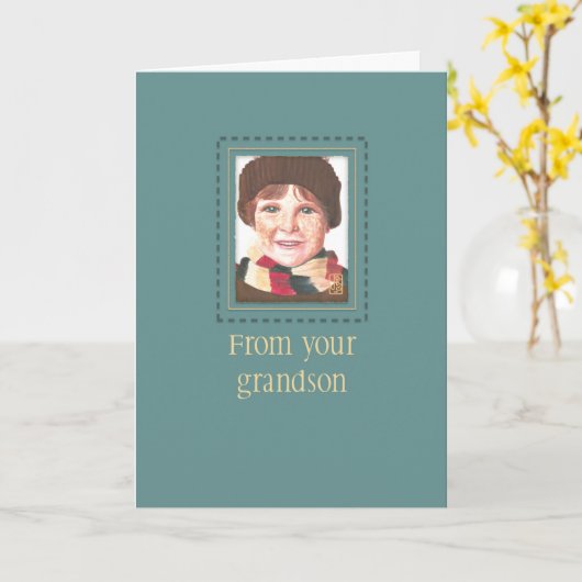 Roodkopjongen op Blauwgroen van opa Birthday Kaart (Gele Bloem)