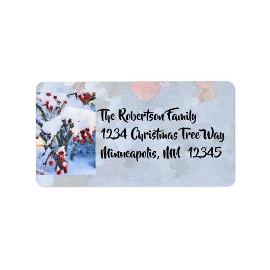 Roodkrab Apple Berries in Sneeuwfeest~Waterverf Ho Etiket (Voorkant)