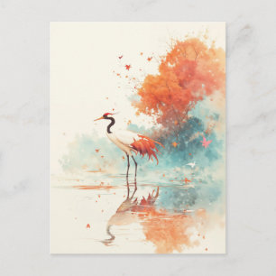 Roodkroonkraanvogel in herfstige groenblauwe lands briefkaart