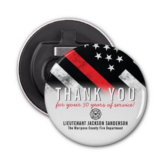 Roodlijnvlag voor brandweercabine Jubileum Button Flesopener (Voorkant)