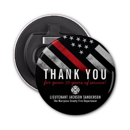 Roodlijnvlag voor brandweercabine Jubileum Button Flesopener (Voorkant)