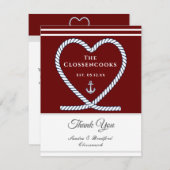 Roodmarine Touw Hart Anker Trouw  Bedankkaart (Voorkant / Achterkant)