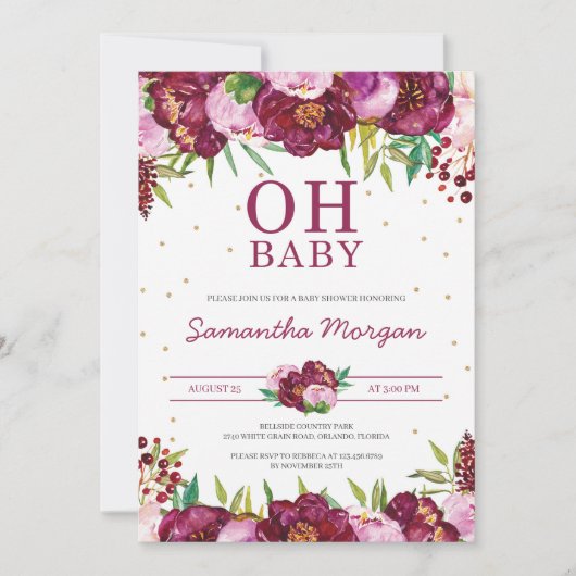Roodmaroon zwarte roze florale meid oh baby shower kaart (Voorkant)