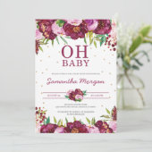 Roodmaroon zwarte roze florale meid oh baby shower kaart (Staand voorkant)