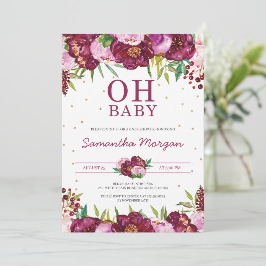 Roodmaroon zwarte roze florale meid oh baby shower kaart (Staand voorkant)