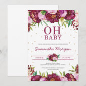 Roodmaroon zwarte roze florale meid oh baby shower kaart (Voorkant / Achterkant)
