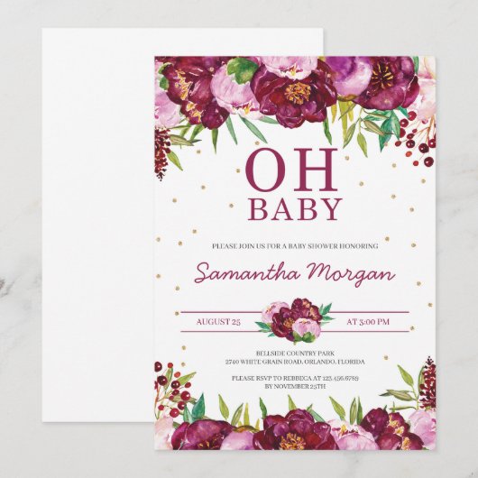 Roodmaroon zwarte roze florale meid oh baby shower kaart (Voorkant / Achterkant)