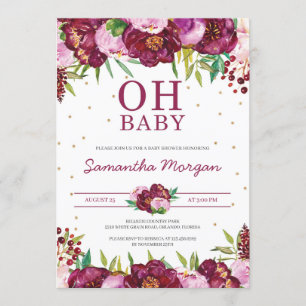 Roodmaroon zwarte roze florale meid oh baby shower kaart