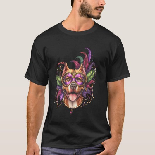 Roodneus Pitbull Hond Mardi Gras T-shirt (Voorkant)
