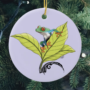 Roodogige Boomkikker Groene Bladeren Lavendel Keramisch Ornament