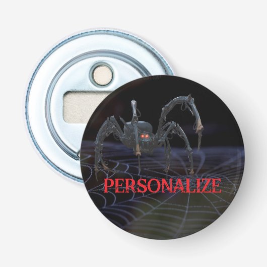 Roodogige spin op spinnenweb griezelig button flesopener (Voorkant)