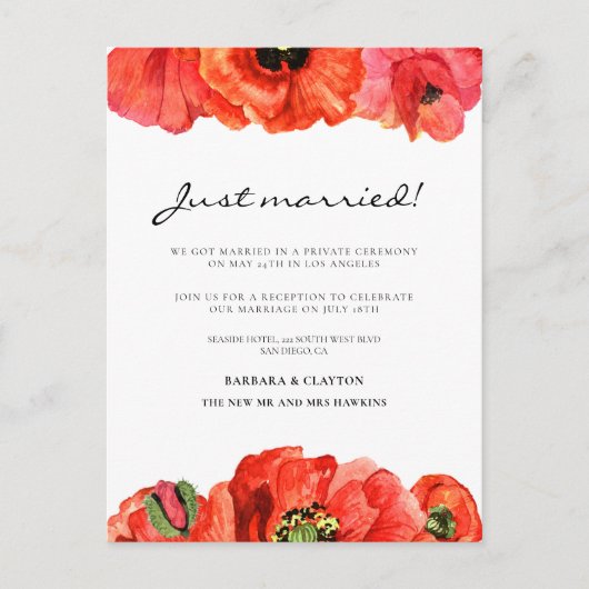 Roodpapaver waterverf huwelijksaankondiging briefkaart (Voorkant)