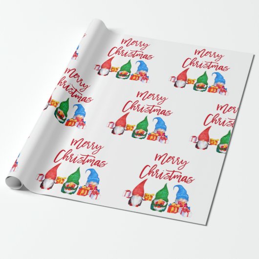 Roodpenseel met kerstmis Waterverf Gnomen Cadeaupapier (Uitgerold)