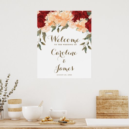 Roodperzikfloralen bruiloft welkom ontvangstbord poster (Keuken)