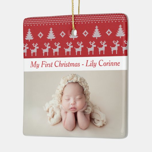 Roodrendiersklassieke baby's eerste kerstfoto keramisch ornament (Links)