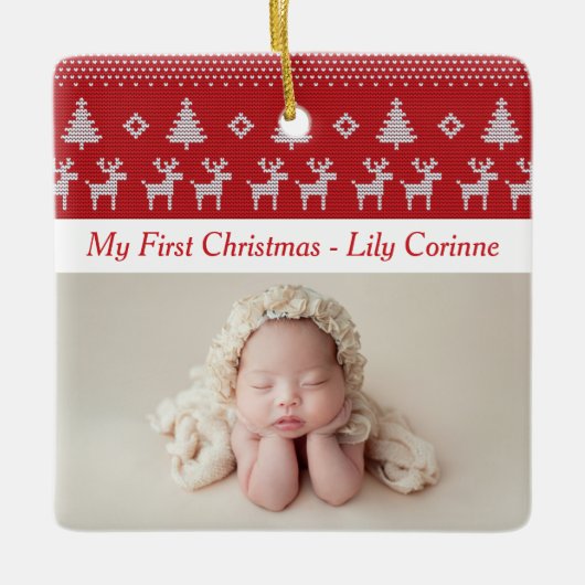 Roodrendiersklassieke baby's eerste kerstfoto keramisch ornament (Voorkant)
