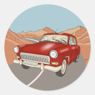 Roodretro auto op de snelweg ronde sticker