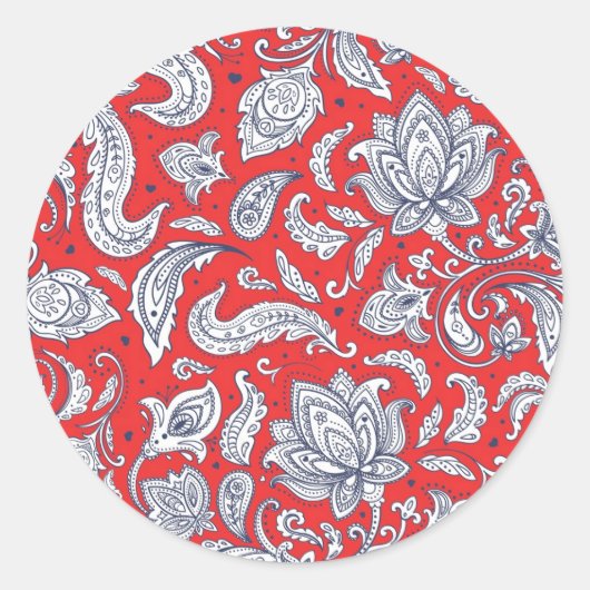 Roodrode bloementspatronen ronde sticker (Voorkant)