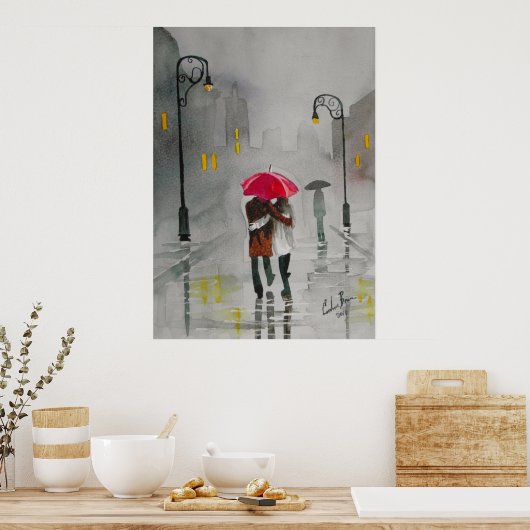 Roodrode paraplu voor romantisch koppel poster (Keuken)