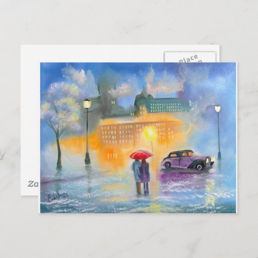 Roodrode paraplu's romantisch koppel wandelen briefkaart (Voorkant / Achterkant)