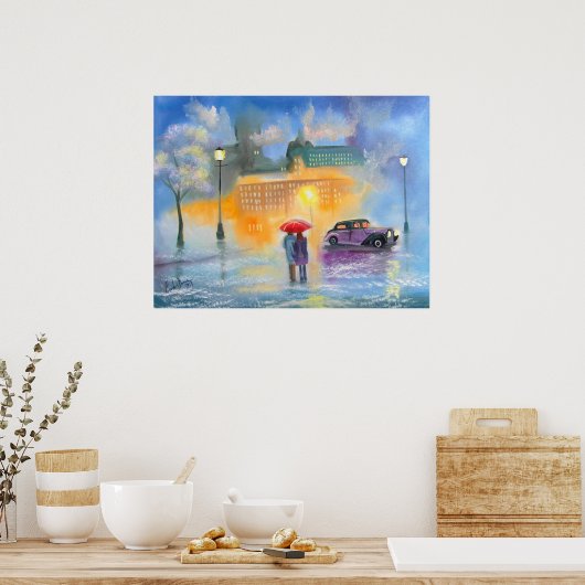 Roodrode paraplu's romantisch koppel wandelen poster (Keuken)