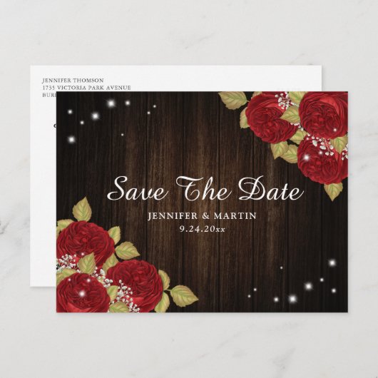 Roodrode rozenweddenschap redt de datum Briefkaart (Voorkant / Achterkant)