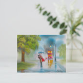 Roodrode tram romantisch koppel paraplu briefkaart (Staand voorkant)