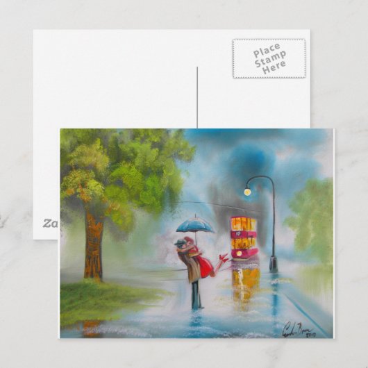 Roodrode tram romantisch koppel paraplu briefkaart (Voorkant / Achterkant)
