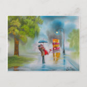 Roodrode tram romantisch koppel paraplu briefkaart (Voorkant)