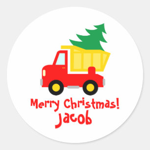 Roodrode vrachtwagen met kerstboomklep, klein kind ronde sticker