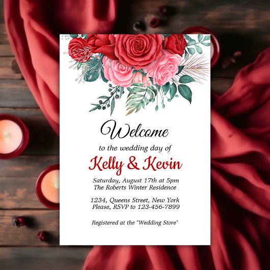 Roodrode Waterverf bruiloft Kaart