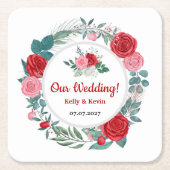 Roodrode Waterverf bruiloft Kartonnen Onderzetters (Voorkant)