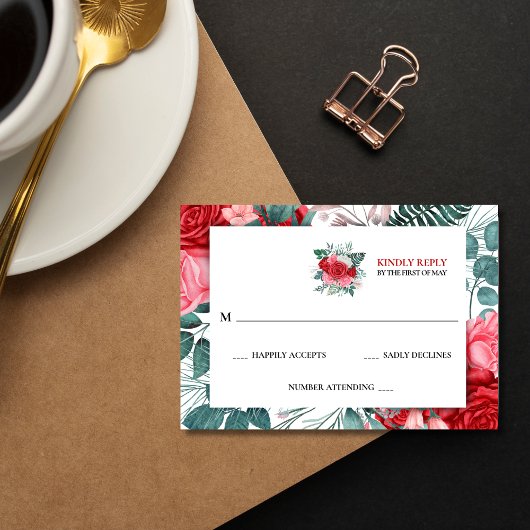 Roodrode Waterverf bruiloft RSVP Kaartje