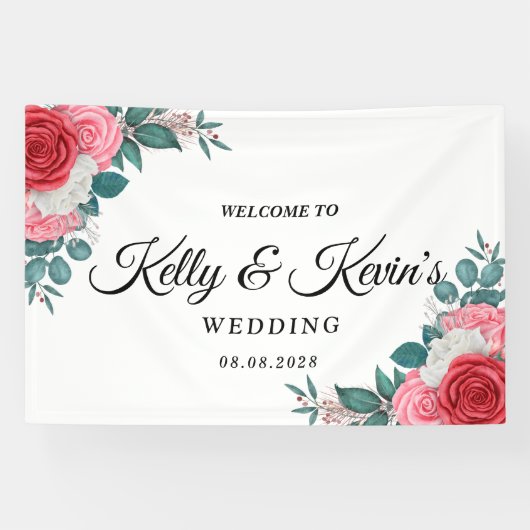 Roodrode Waterverf bruiloft Spandoek (Horizontaal)