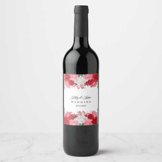 Roodrode Waterverf bruiloft Wijn Etiket (Voorkant)