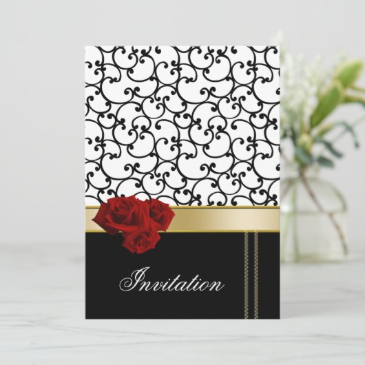 roodroos damask bruiloft kaart (Staand voorkant)