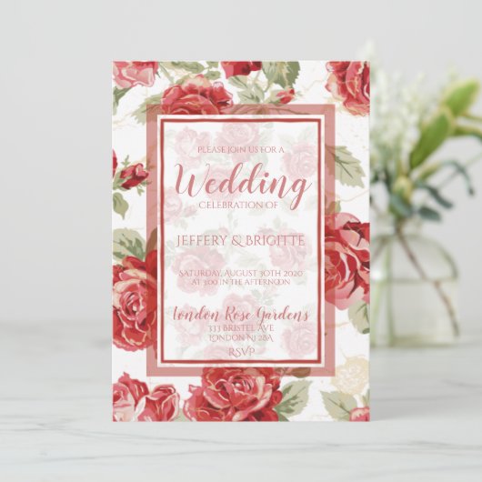 Roodroos, grillen, klassieke uitnodiging voor brui (Staand voorkant)