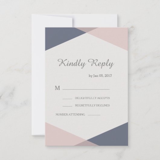 Roodroze blauwe geometrische elegante trouw-rsvp kaart (Voorkant)