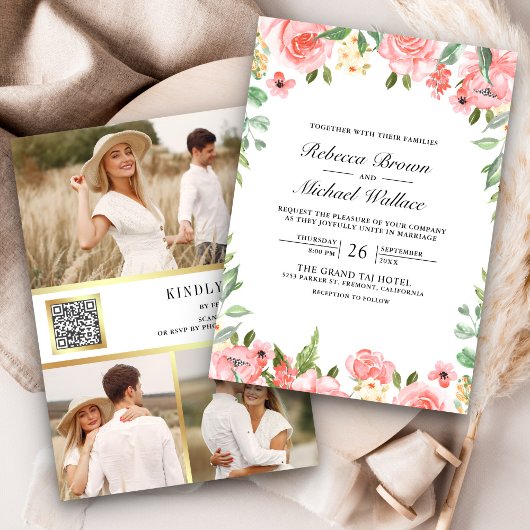 Roodroze Bloem Foto Collage QR Code Trouwfeest Kaart