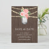 Roodroze bloemige metselwerk pot foto bruiloft save the date (Staand voorkant)