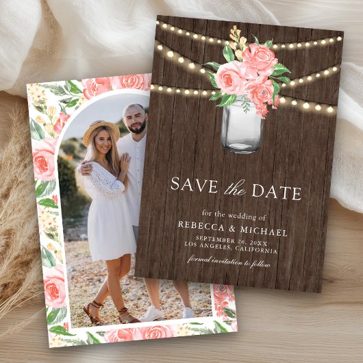Roodroze bloemige metselwerk pot foto bruiloft save the date