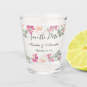 Roodroze Bloemige "Save The Date" Trouwkaart Shot Glas