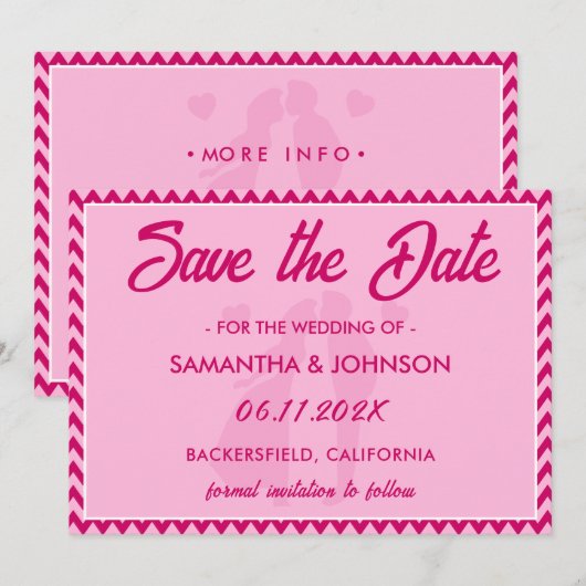Roodroze Chevron Streep QR Code Save The Date (Voorkant / Achterkant)