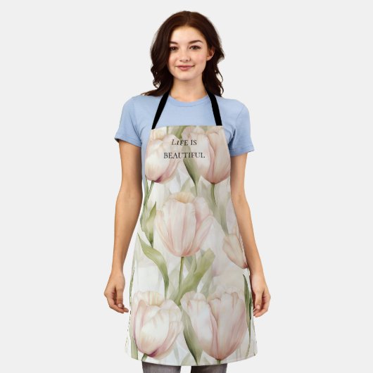 Roodroze Crème Tulpen Bloemrijke Bruiloftsdouche Schort (Gedragen)