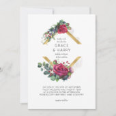 Roodroze en Eucalyptus Gold Diamond Lijst Wedding Kaart (Voorkant)