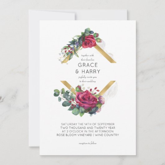 Roodroze en Eucalyptus Gold Diamond Lijst Wedding Kaart (Voorkant)