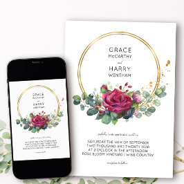 Roodroze en Eucalyptus Gold Lijst Wedding Kaart